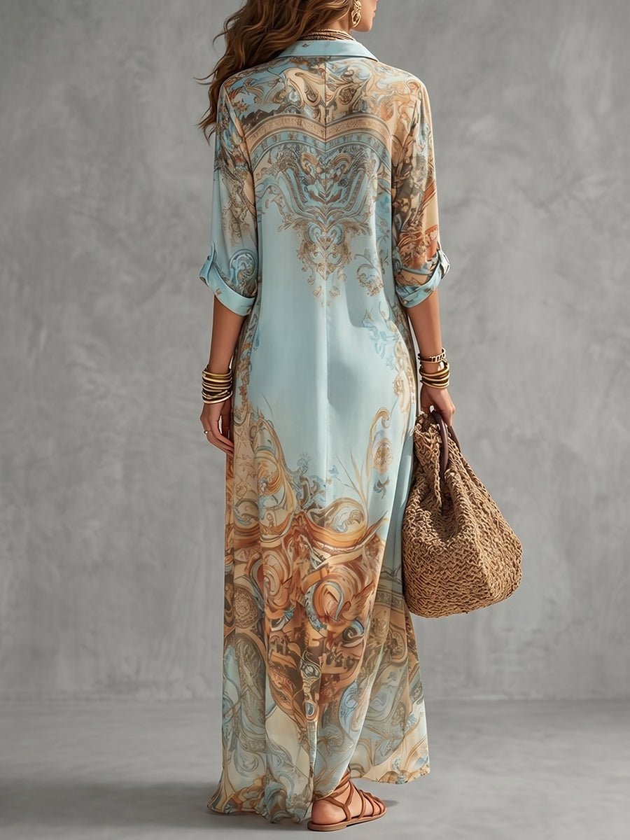 Long Sleeves Loose Buttoned Contrast Color Pockets Printed Lapel Maxi Dresses Shirt Dress