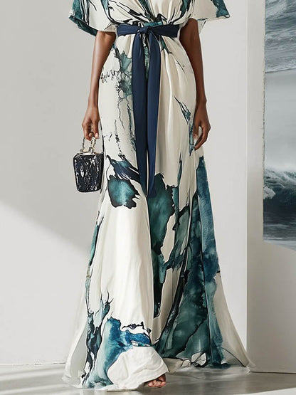 Batwing Sleeves Loose Printed Tied Waist V-Neck Evening Dresses Maxi Dresses