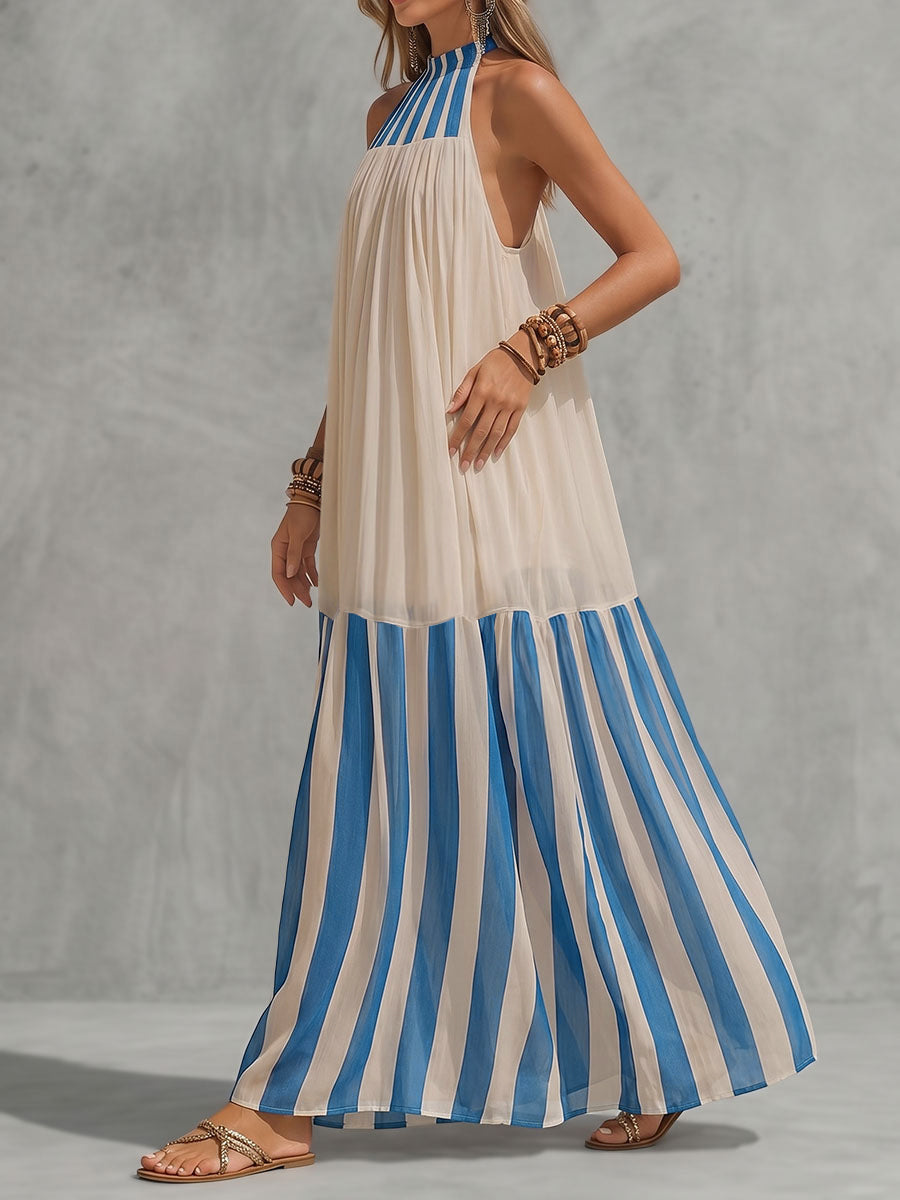 A-Line Loose Contrast Color Pleated Striped Halter-Neck Maxi Dresses