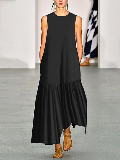 A-line Loose Solid Color Split-Joint Round-neck Maxi Dresses