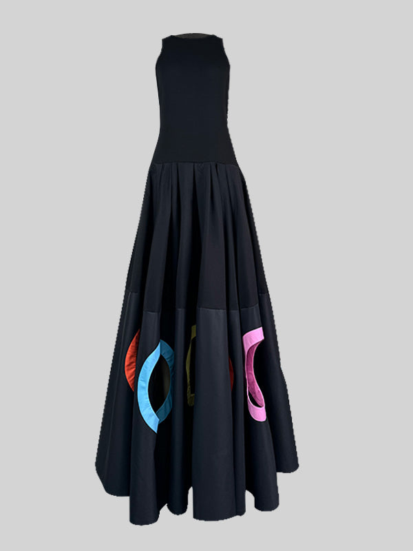 Sleeveless Hollow Pleated Split-Joint Round-neck Maxi Dresses
