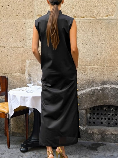 Sleeveless Buttoned Solid Color Split-side Stand Collar Maxi Dresses Shirt Dress