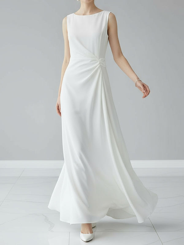 Sleeveless Gauze Pleated Solid Color Split-Joint Round-Neck Evening Dresses Maxi Dresses